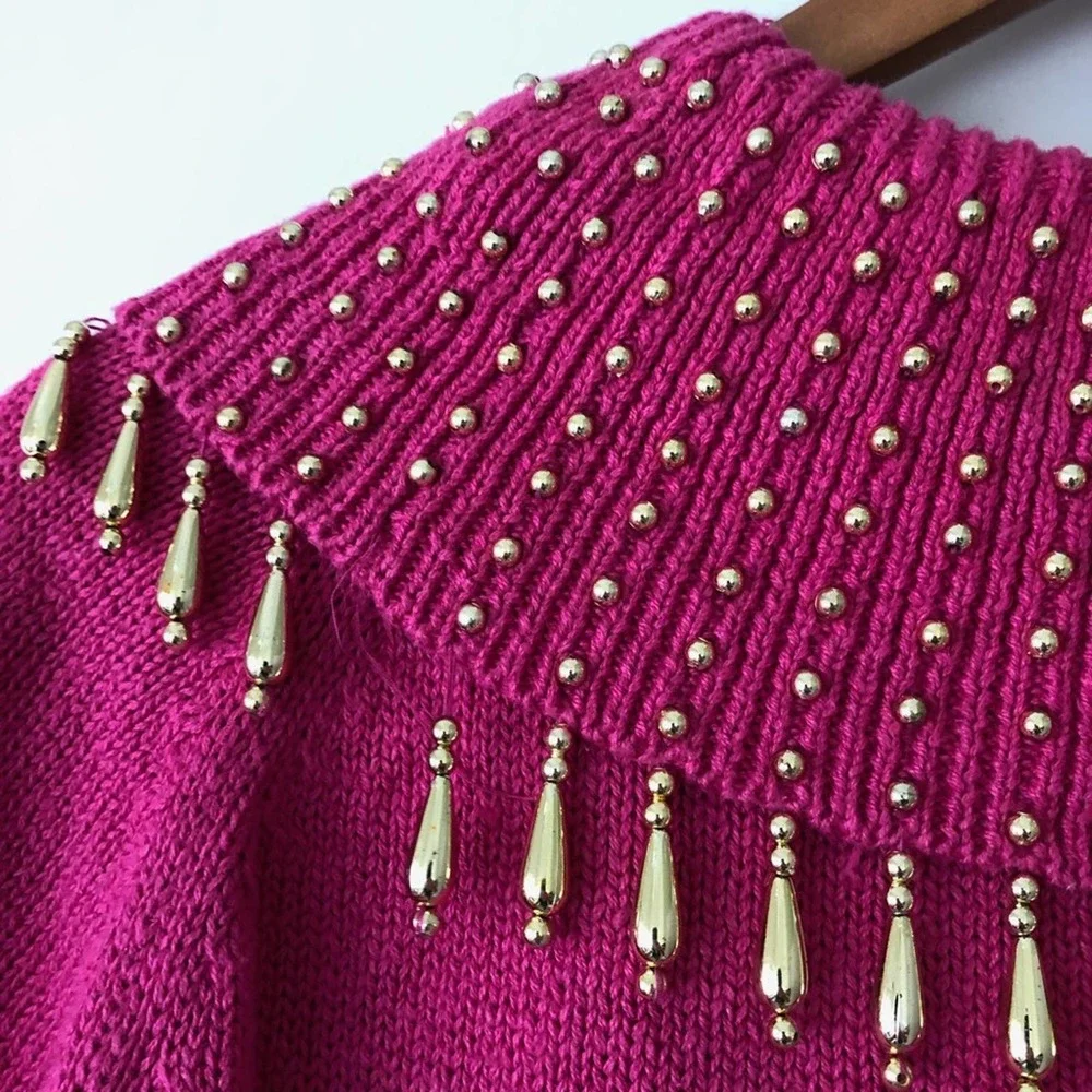 Vintage 80s Barbie Hot Pink Sweater Gold Embellished Tassels Cervelle Large - Picture 6 of 9